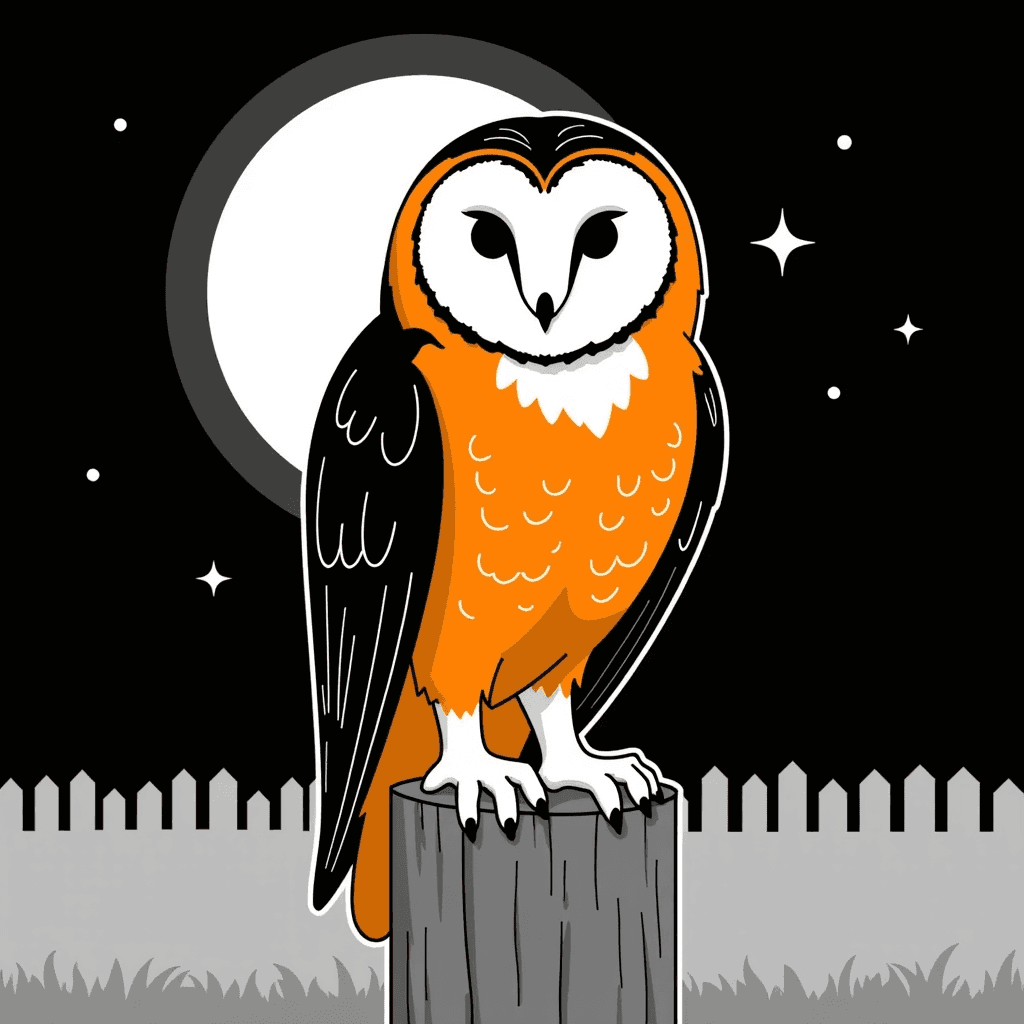 Barn owl perched on a wooden fence post in soft moonlight under a starry sky