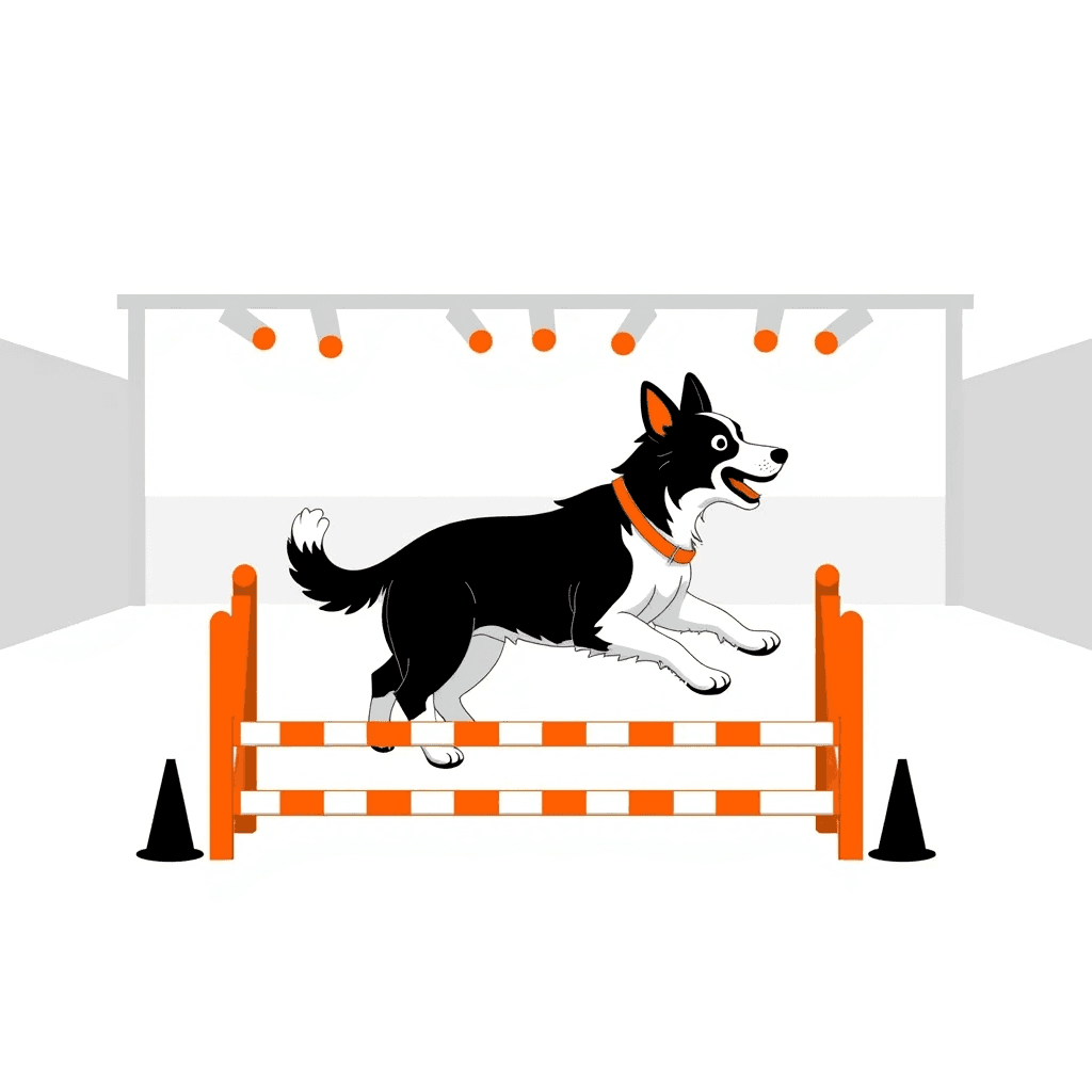 Shaggy sheepdog leaping over an agility hurdle under arena lights.