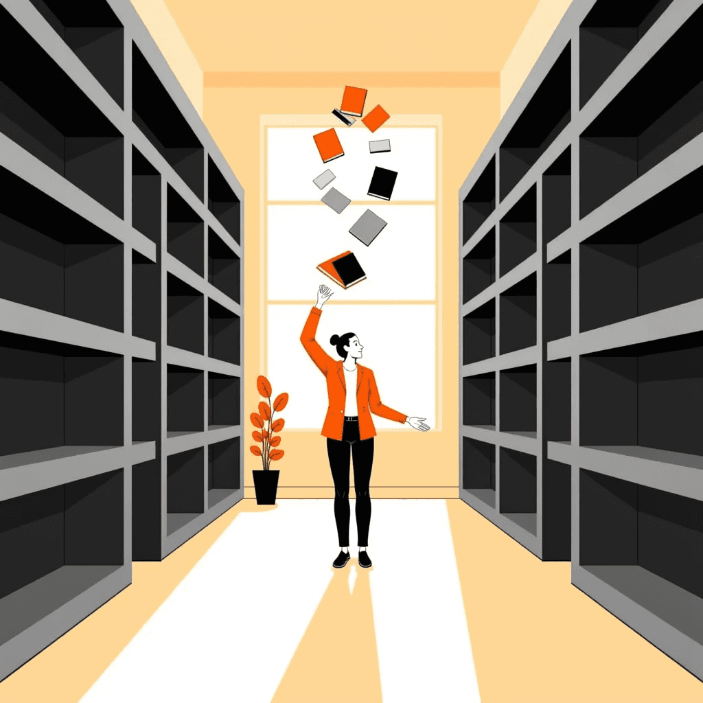Librarian tossing a book upwards as letters spiral in a sunlit library aisle.
