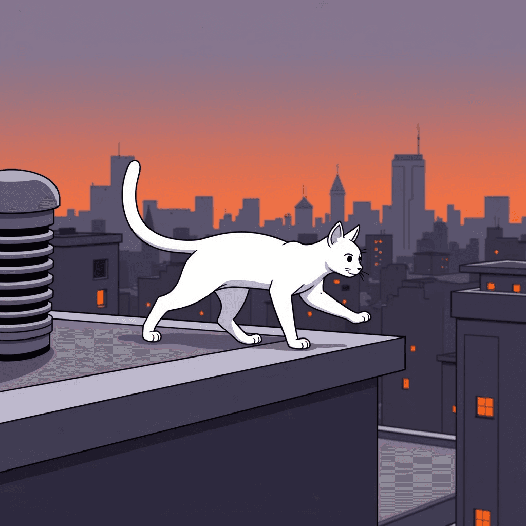 A white cat balancing on a city rooftop railing at dusk with a neon glow in the sky.