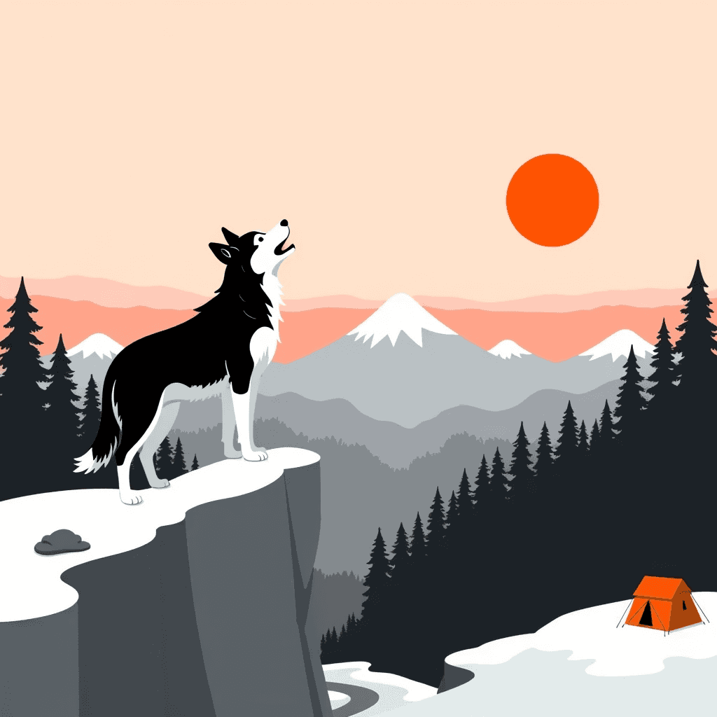 Husky howling toward mountain peaks at dawn.