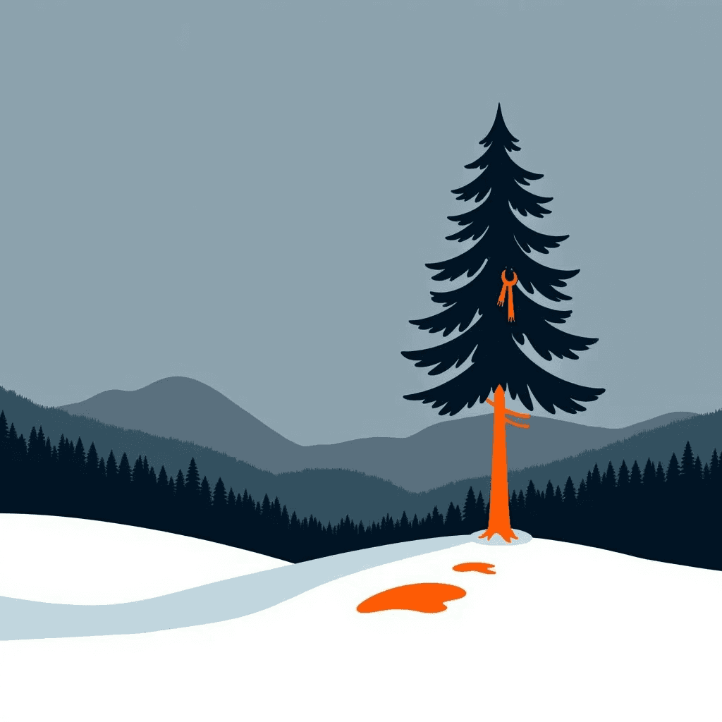 A tall pine tree shedding soft snow from its branches at cool blue twilight in a quiet mountain clearing.