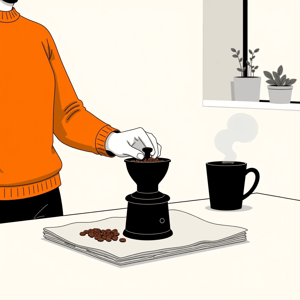 a hand grinding coffee beans with a manual grinder, beans scattering softly on a linen cloth under soft window light, bold clean vector illustration