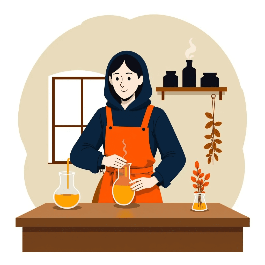 a medieval herbalist, mixing a potion mid-pour, rustic cottage with slanting morning light, bold clean vector illustration