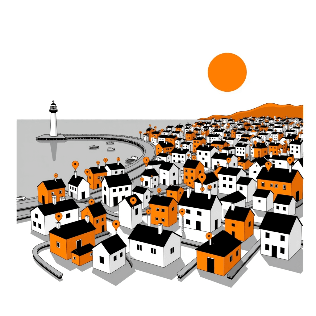 a coastal town tourist map, location pins popping up over landmarks, warm afternoon sun with long soft shadows, bold clean vector illustration