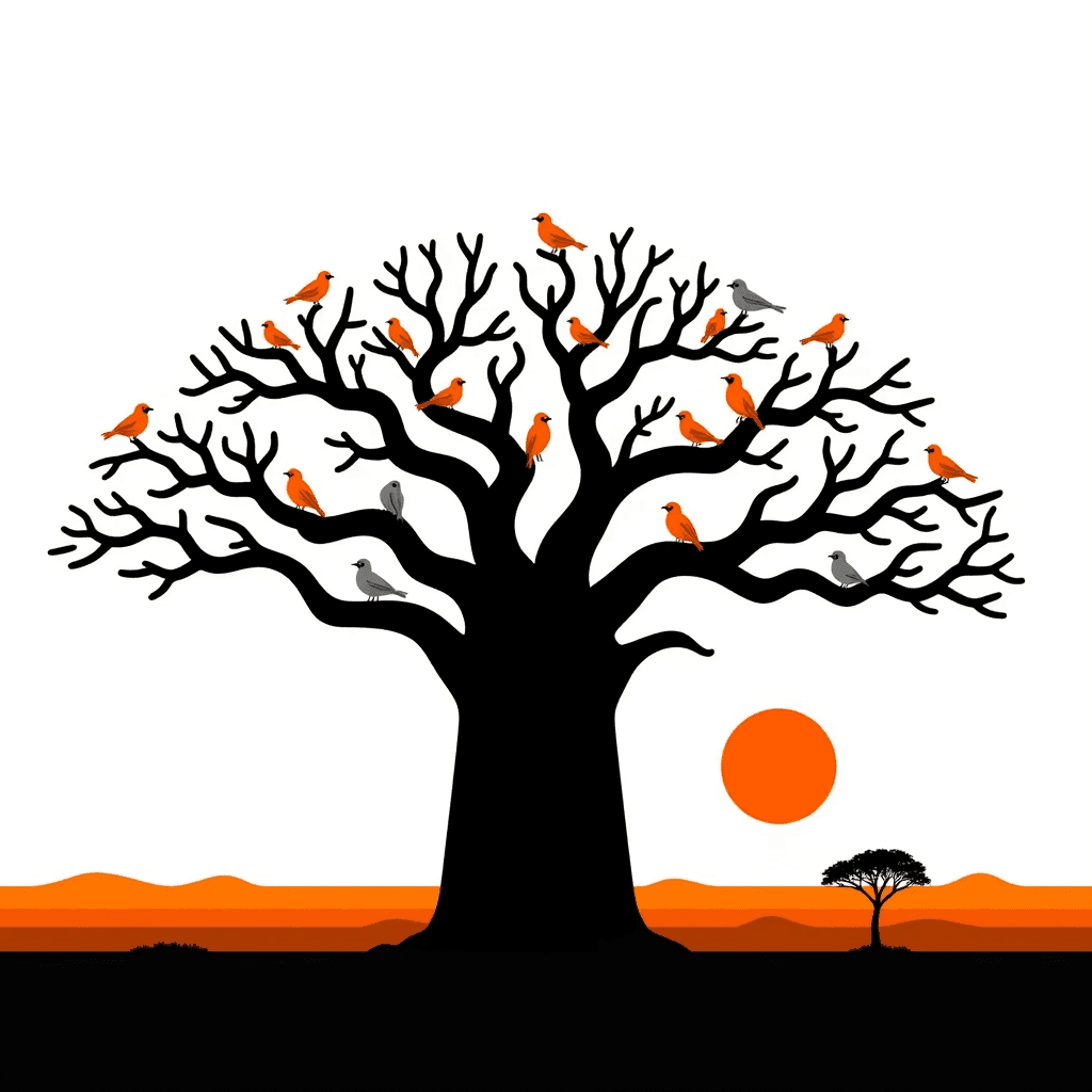 A sturdy baobab tree hosting colourful birds on its limbs under a sunrise glow across a wide savannah.