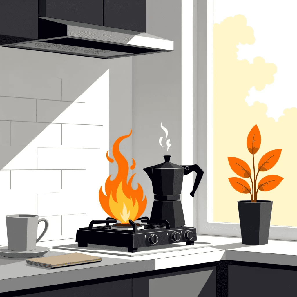 a moka pot gently brewing on a gas stove, aromatic steam rising in a sunlit kitchen, bold clean vector illustration