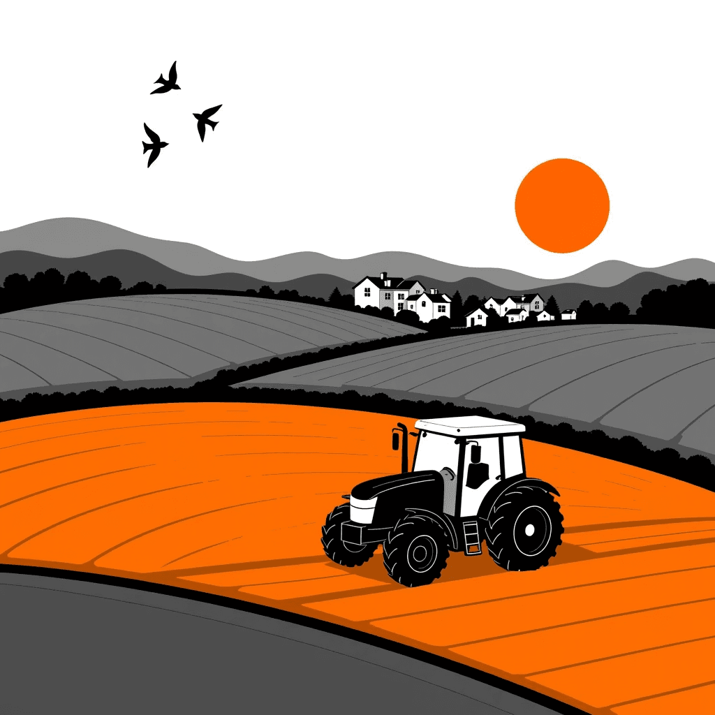 Rolling farmland with patchwork fields and a distant village as a tractor harvests in warm sunset light.