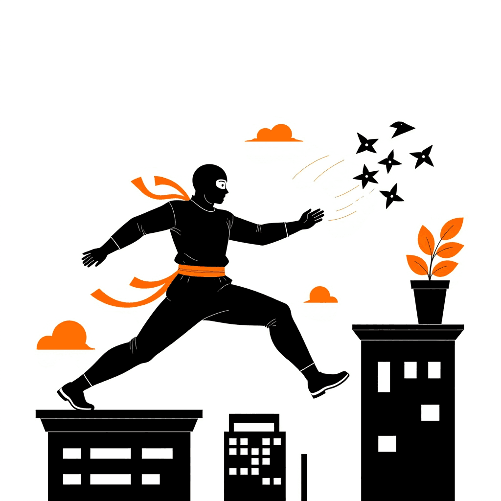 Ninja leaping between rooftops while throwing a fan of shuriken