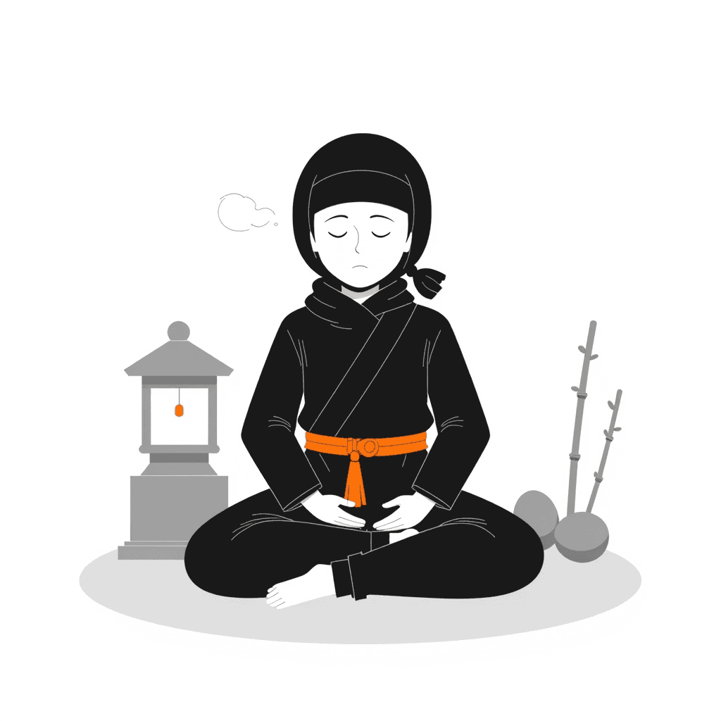 Ninja meditating in seiza beside a stone lantern and bamboo