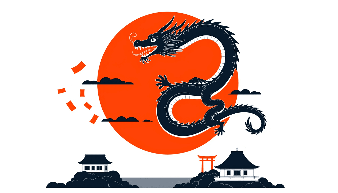 Coiled dragon against a red sun over a temple skyline