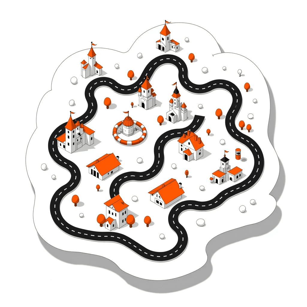 a fantasy theme park map, paths highlighting while icons animate into place, bright clear daylight with crisp contrast, bold clean vector illustration