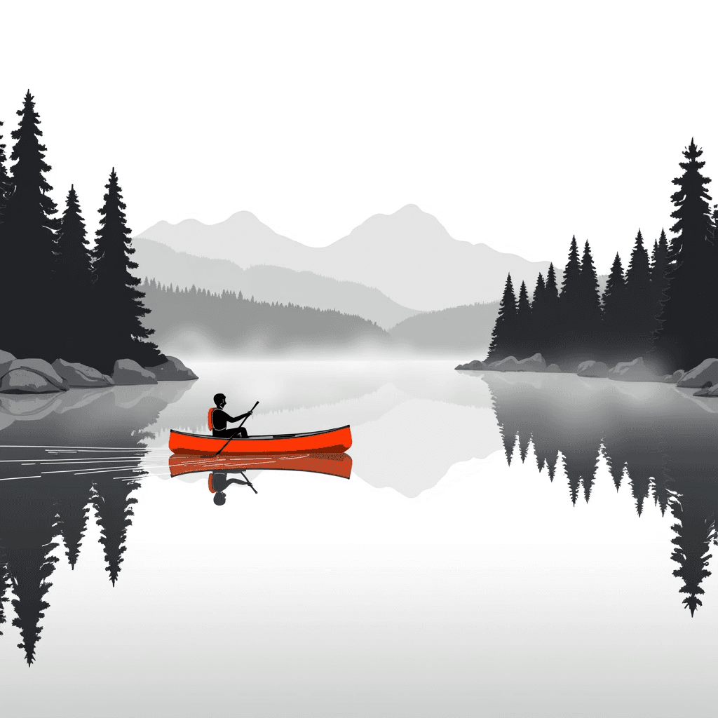 Pine forest around a mirror-still mountain lake as a red canoe glides across in crisp morning light with low fog.