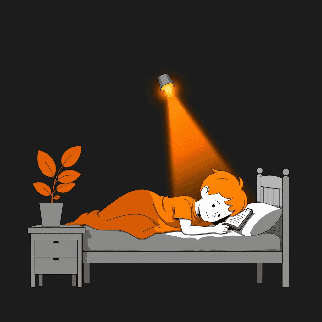Curious child reading under a blanket with a torch, night-time bedroom glow.