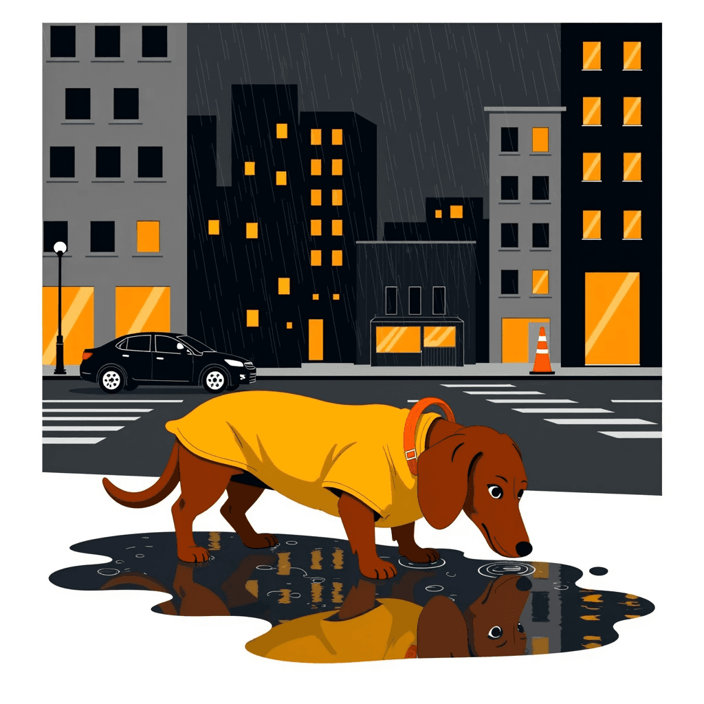 Dachshund in a raincoat sniffing puddles on a drizzly street.