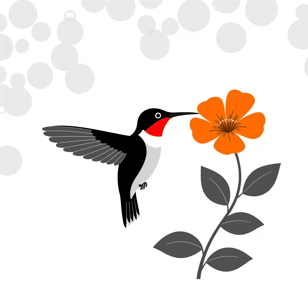Ruby-throated hummingbird hovering to sip nectar from a trumpet flower in dappled forest light