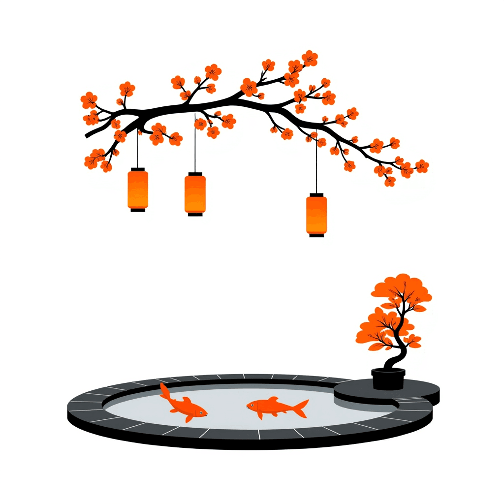 Cherry blossom branch arching over a koi pond at dusk with a soft lantern glow.