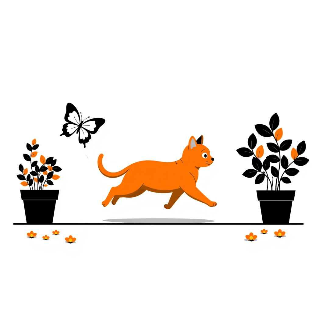A ginger cat chasing a fluttering butterfly in a sunlit garden with long morning shadows.