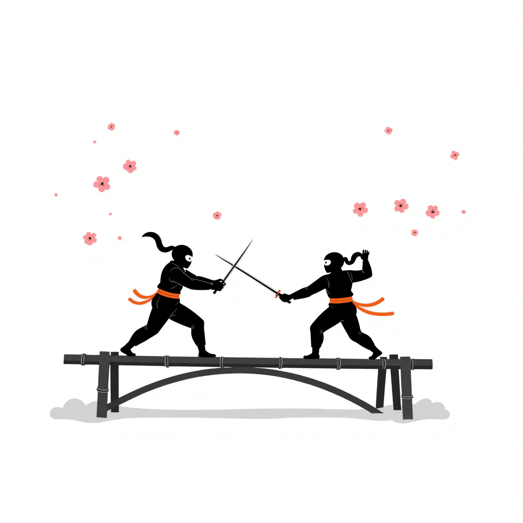 Two ninjas duelling with katanas on a bamboo bridge under cherry blossoms