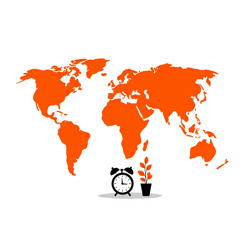 a minimalist world map, continents assembling piece by piece, gentle overhead light on neutral background, bold clean vector illustration